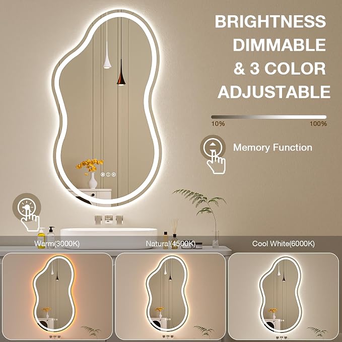 Cloud Shape Asymmetrical LED Vanity Mirror with Lights, 48"x27" Fogless Lighted Bathroom Mirror, 4mm Tempered Glass, Dimmable 3-Color & Memory Function, Wall Mounted (Horizontal/Vertical)