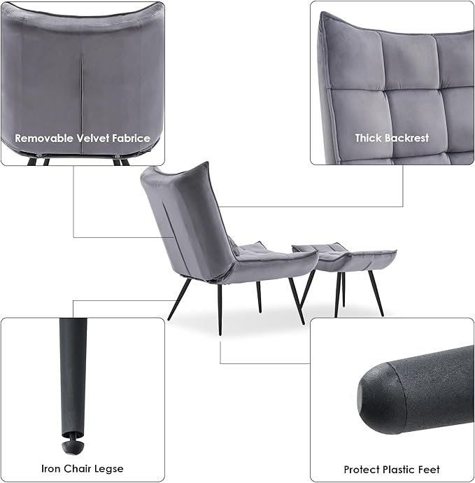 MCombo Accent Chair with Ottoman, Modern Velvet Wingback Lounge Chair, Upholstered Club Chair for Small Space, Living Room & Bedroom 4079 (2, Dark Grey)