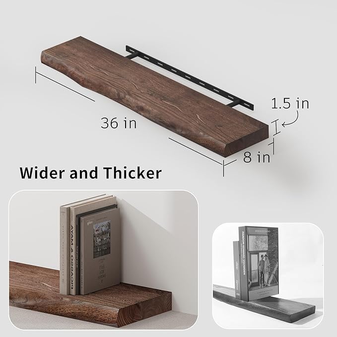SAUMONIERES Live Edge Floating Shelves for Bedroom Living Room Wall Mounted Storage Long Natural Elm Wood Shelf Large Heavy Duty 8 Inch Deep, 36 inch Set of 2 Walnut Floating Shelves