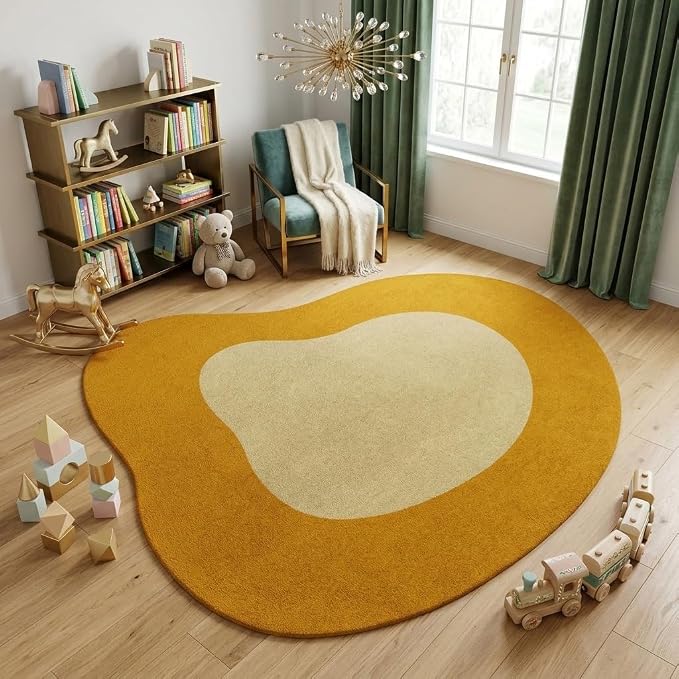 Mustard Yellow Beige Modern Abstract Irregular Area Rug 8ft Unique Design Irregular Shaped Rugs for Living Room Bedroom Playroom Pet Friendly Carpet Boho Under Dining Table Non Slip Easy Clean Mats