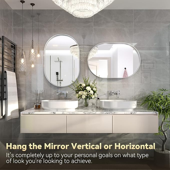 Brightify Silver Oval Mirror for Wall 20x30 Inch, Metal Framed Bathroom Vanity Silver Mirrors, Modern Pill Shape Mirror for Bedroom Living Room Wall Decorative Hang Vertical and Horizontal