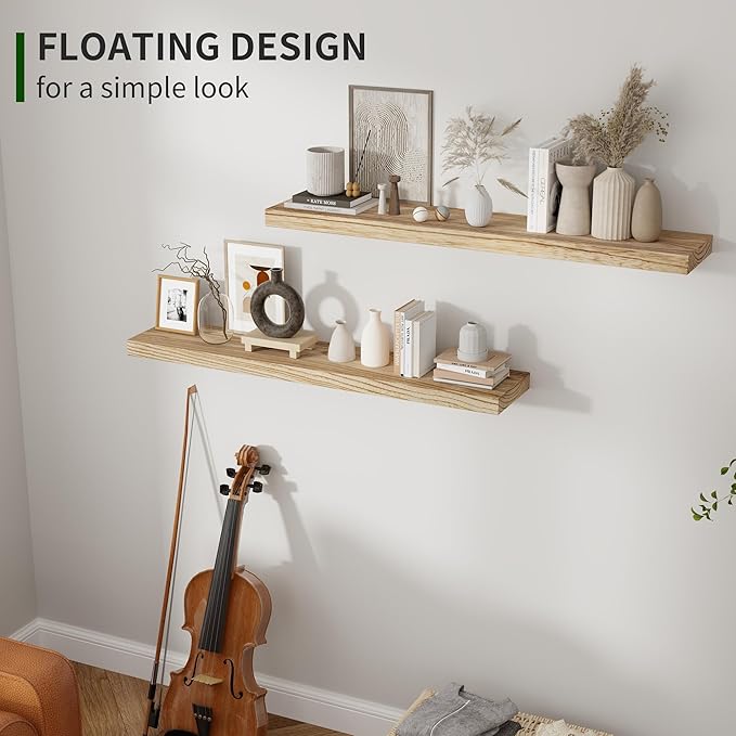 Marsmiles Wood Floating Shelves for Wall Set of 2, 36 Inch Wide Rustic Wooden Floating Shelves, Invisible Wall Mounted Display for Living Room Bedroom Kitchen Bathroom Office, Carbonized Black