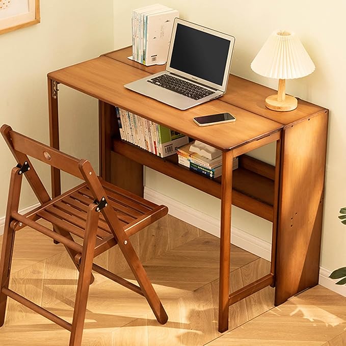 32.68" Space Saver Transformer Desk, Skinny Mid Century Modern Writing Table, Bamboo Foldable Study Table for Small Spaces, Compact Computer Desk for Bedroom Home Office Dorm Apartment (Walnut)