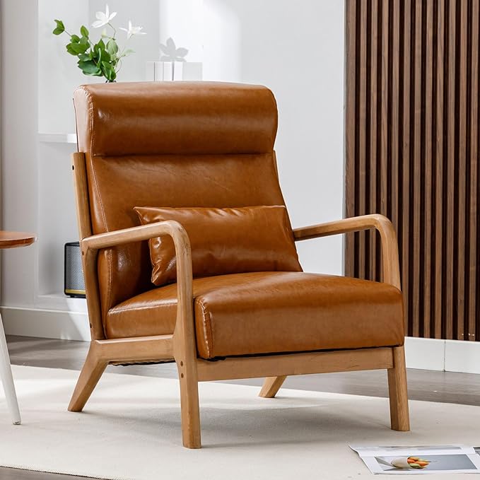 ANJ Mid Century Modern Accent Chair with High Back, Single Lounge Armchair with Solid Wood Frame, Comfy Reading Chair for Living Room, Easy Assembly