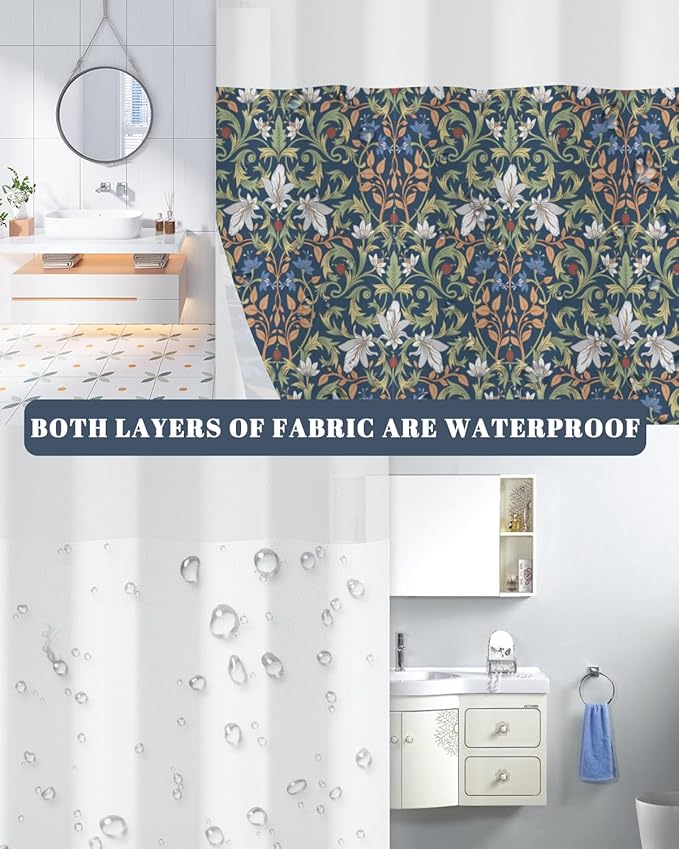 No Hook Shower Curtain and Snap in Liner Set - Vintage William Morris Floral Botanical Pattern Shower Curtains for Modern Farmhouse Bathroom, Mesh Top Waterproof Bath Curtain, 71Wx74H
