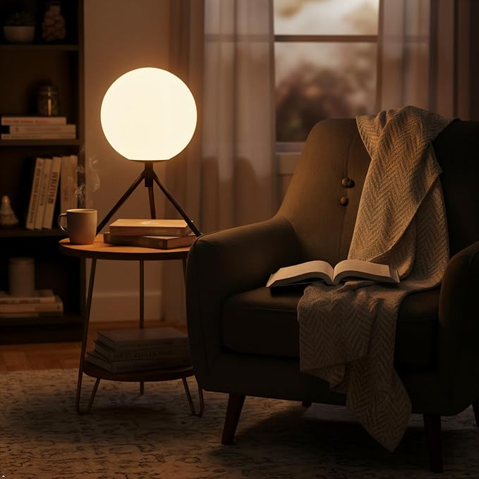 Modern Black Globe Table Lamp, Mid Century Small Bedside Lamp, Opal Glass Ball Lamp with Metal Tripod Base, Cute Nightstand Lamp Minimalist Desk Lamp for Bedrooom Living Room Office Study