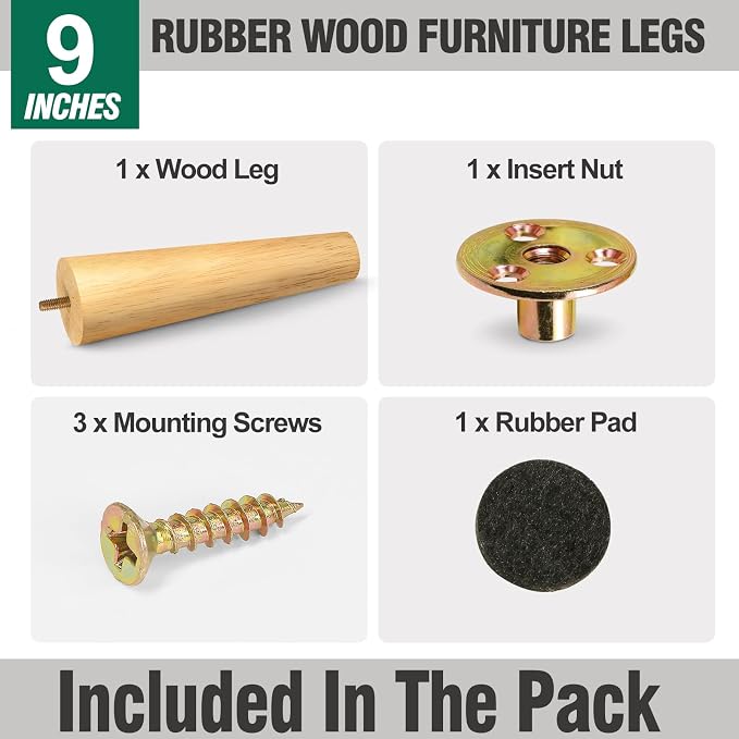 FoDau770 Rubber Wood Furniture Legs 9 Inches, 5/16" UNC Straight Tapered Wood Feet Mid Century Sofa Legs, Wooden Furniture Feet Replacement Parts for Cabinet Couch Dresser Chair Ottoman Table