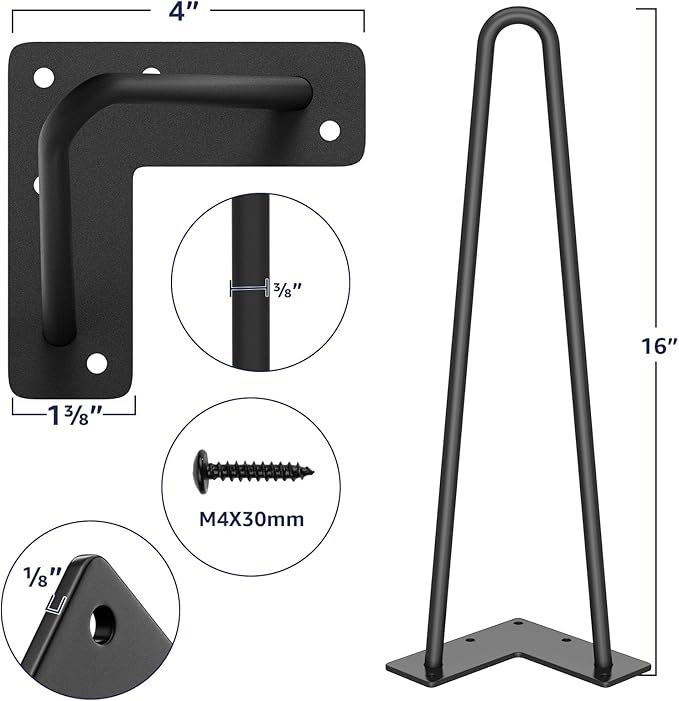 SMARTSTANDARD 16" Hairpin Furniture Legs, Metal Home DIY Projects for Nightstand, Coffee Table, Desk, etc with Rubber Floor Protectors Black 4PCS