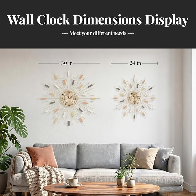 Cuspin Large Gold Wall Clock 30 Inch Clocks for Living Room Decor, Mid Century Modern Colorful Sunburst Design, Decorative Battery Operated Wall Clock for Dining Room, Bedroom, Office
