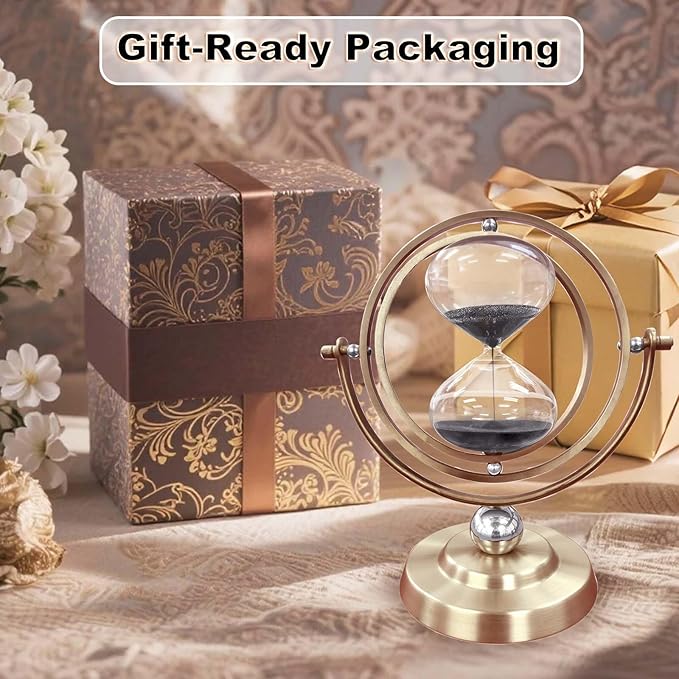 Brass Hourglass 15 Minute, 720° Rotating Vintage Metal Sand Timer, Large Black Sand Watch 15 Min, Unique Glass Sand Clock for Gifts, Wedding, Home, Desk, Office Decoration
