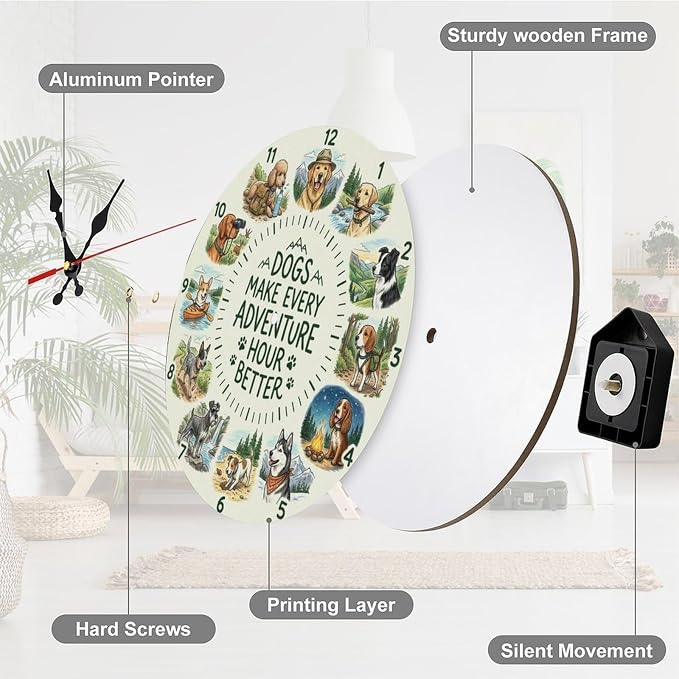Dog Adventure Wooden Wall Clock Silent Non Ticking | Cute Pet Animal Home Decor for Kitchen Living Room Bedroom Office | Unique Gift for Dog Lovers
