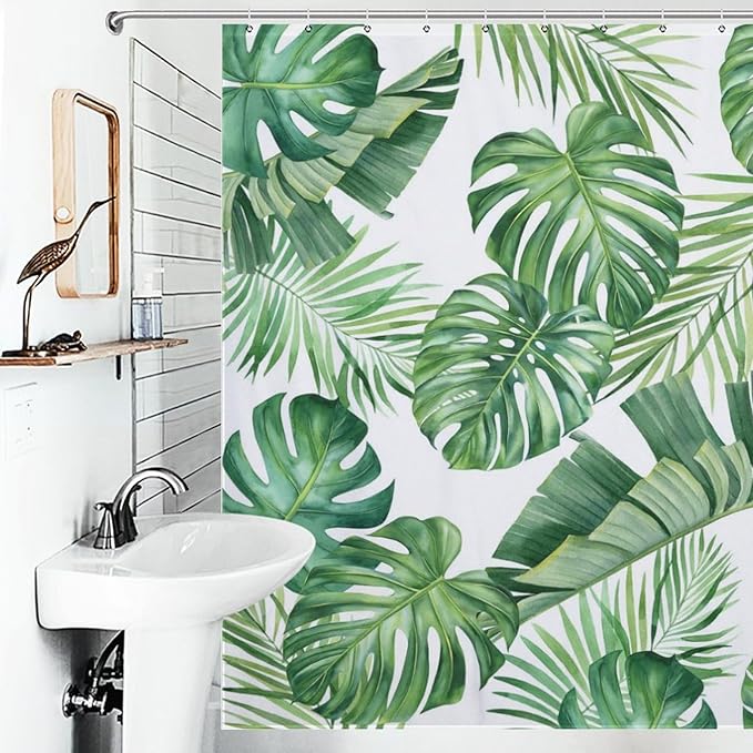 Tropical Leaves Shower Curtain,Mid Century Green Palm Banana Leaf Plant Botanical Shower Curtains for Bathroom Waterproof Polyester Fabric Bathroom Curtain,72x72Inch