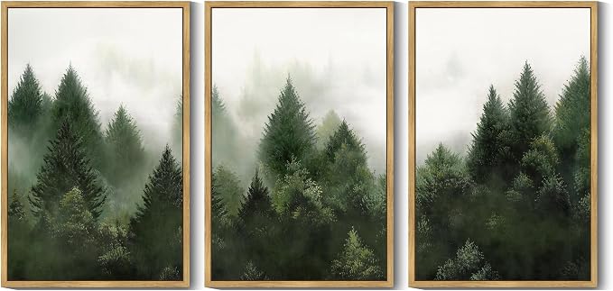 KUVIOKE Morden Green Fog Pine Tree Framed Canvas Wall Art Nature Nordic Forests Artwork Painting Bedroom Decor 24x36in (Natural Framed)