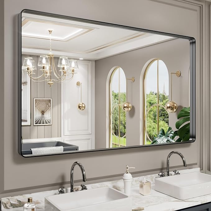 LOAAO Black Metal Framed Bathroom Mirror for Wall, Large 60X36 Inch Rounded Rectangle Mirror, Matte Black Bathroom Vanity Mirror Farmhouse, Anti-Rust, Tempered Glass, Hangs Horizontally or Vertically