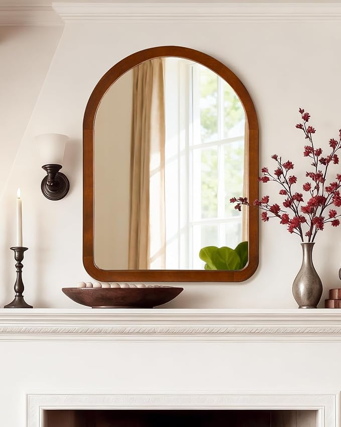 Arched Mirror 30 x 40 Inch,Walnut Brown Wood Rustic Bathroom Tempered Wall Mirror with Wood Frame,Round Corner Arch Farmhouse Wooden Vanity Mirror for Living Room,Entryway or Bedroom