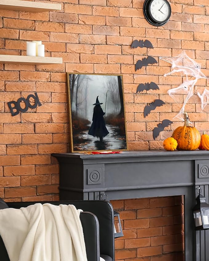 ARPEOTCY Vintage Framed Canvas Wall Art, 12x16 Inch Spooky Witch Halloween Wall Art for Living Room Bedroom Gallery, Dark Academia Bathroom Wall Art Decor Aesthetic