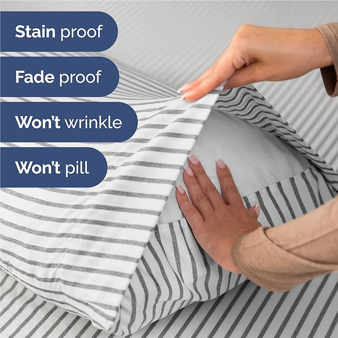 Full Size 4 Piece Sheet Set - Comfy Breathable & Cooling Sheets - Hotel Luxury Bed Sheets for Women & Men - Deep Pockets, Easy-Fit, Soft and Wrinkle Free Sheets - Grey Stripes Oeko-Tex Bed Sheet Set