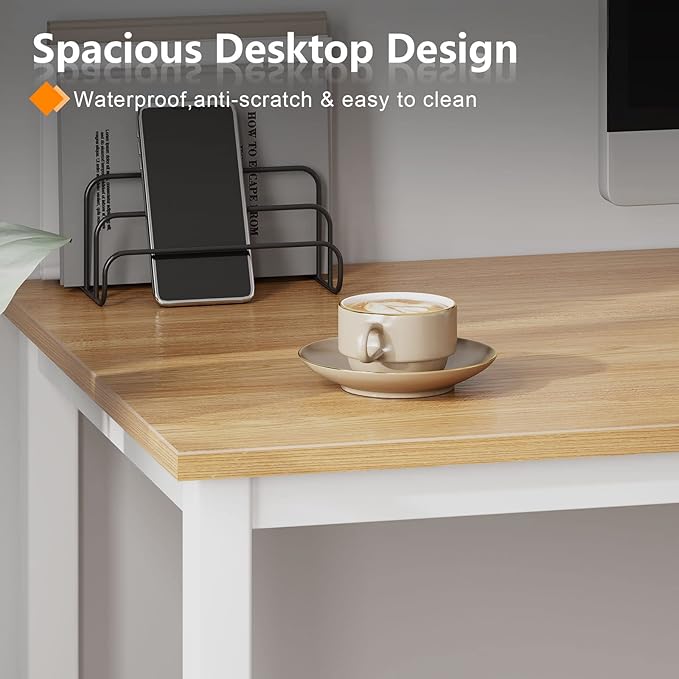 Need 39.4 inch Small Computer Desk, Sturdy Writing Desk for Small Spaces, Teens Computer Desks Study Table Laptop for Home Office, White Metal Frame, Teak Tabletop