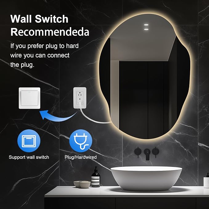 Asymmetrical Bathroom Mirror with Lights,Irregular LED Bathroom Vanity Mirror with Backlit,Anti-Fog,3 Colors and Dimmable Light with Memory,Hardwired Supported[Horizontal/Vertical] 55" H x 40" W