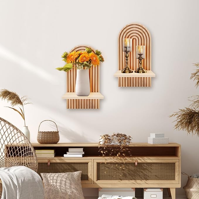2 PCS Boho Wooden Rainbow Wall Shelves, Arch Boho Wall Shelf Mid Century Wood Floating Shelf Decor for Bathroom, Bedroom, Kitchen (Wood-03)