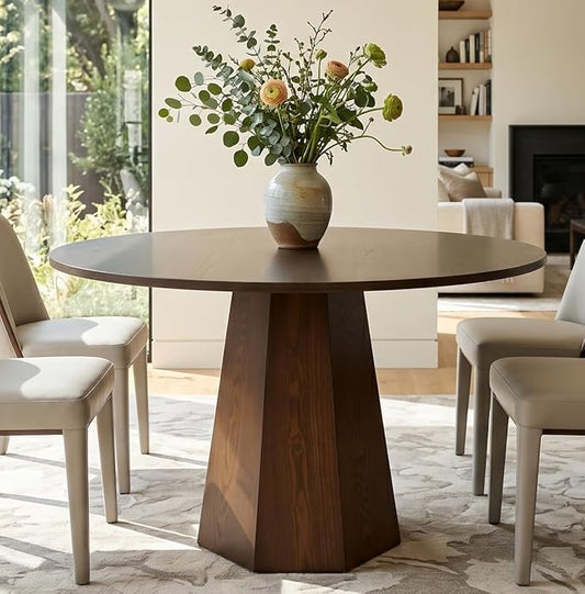 BESTANO 39” Round Solid Wood Dining Table for 4-5 People, Modern Pedestal Small Kitchen Table Circle Tabletop with Walnut Wood Grain Finish, Saving Space, Walnut