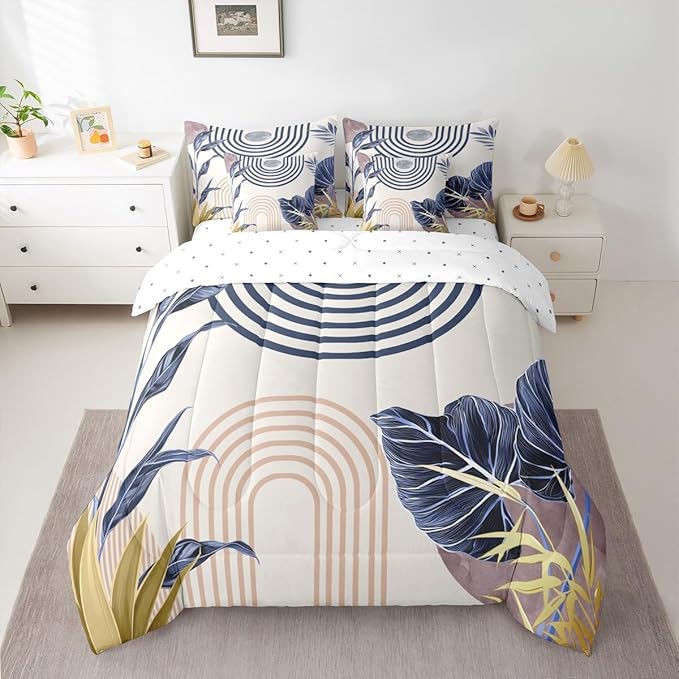 Erosebridal Retro Mid Century Full Comforter Set with Sheets 7 Piece Pink Blue Palm Leaf Bed in A Bag Vintage Bohemian Plant Leaves Bedding Sets for Women Adults Modern Stripes Aesthetic Bed Set