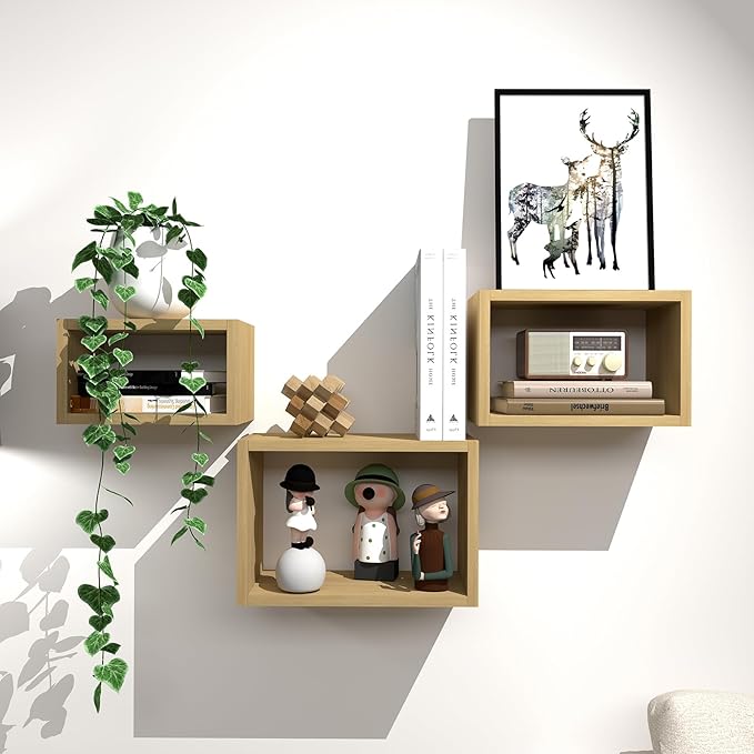 Premium Light Oak Floating Cube Shelves, Eco-Friendly Wood Box-Style Wall Storage Display Set of 3 — Pre-Assembled, Ready to Use, Modern Decorative Wall Shelf Units for Living Room, Bedroom & Office
