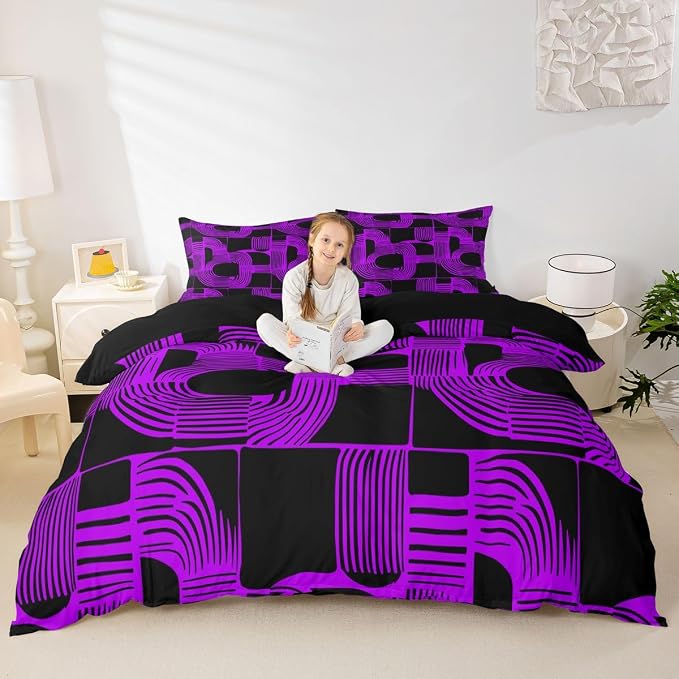 Erosebridal Mid Century Abstract Kids Full Bedding Set Bohemian Geometric Comforter Cover for Boys Teens Adult Modern Aesthetics Striped Duvet Cover 3-Piece Boho Minimalist Stripes Bed Sets