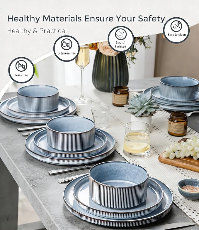 GBHOME 12-Piece Stoneware Dinnerware Set for 4 – Ribbed Ceramic Plates and Bowls, Scratch-Resistant, Microwave & Dishwasher Safe, Reactive Glaze, Deep Tidal Blue