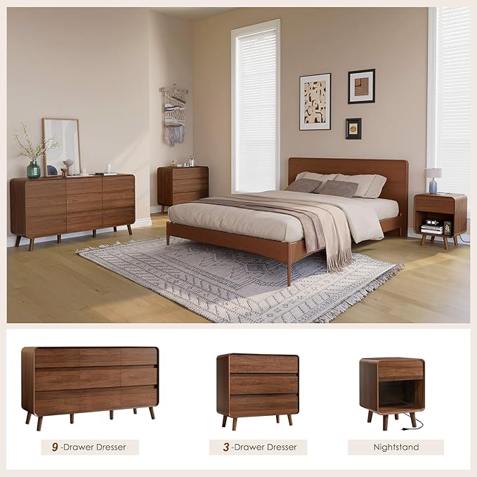 3 Drawer Dresser for Bedroom, Mid Century Modern Chests of Drawers, Curved Bedroom Dresser with Storage Drawer, Wooden Furniture for Living Room, Closet, Home Office,Walnut