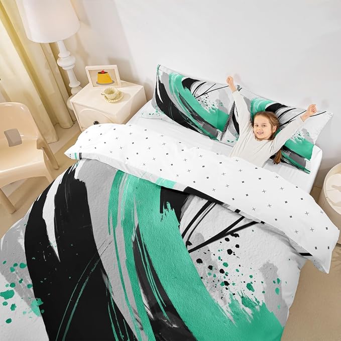 Erosebridal Black and Teal Duvet Cover Twin - Striped Bed Set for Boys Adults Girls Geometric Decorative Abstract Bedding Set Minimalists Graffiti Aesthetic Lines Bed Cover