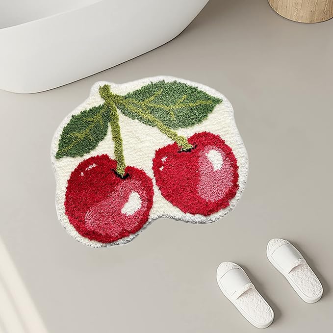 UKELER Cute Cherry Bathroom Rug for Kids Non Slip Absorbent Bath Mat Washable Shaggy Bedroom Decor Plush Bath Rug for Shower 23.6''x19.7''