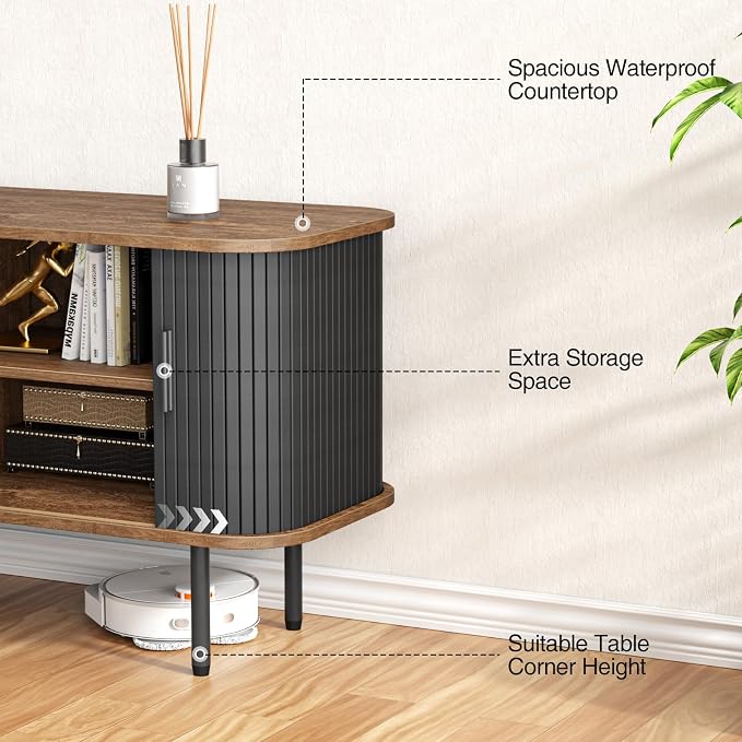 47''W Black Storage Cabinet, Fluted Sideboard Buffet Cabinet with Storage, Console Table Credenza with Tambour Slatted Sliding Doors and Shelves, Modern TV Stand for Living Room, Kitchen, Entryway
