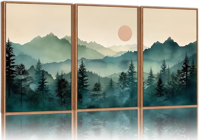 SIGNINART Large Boho Mountain Framed Canvas Wall Art Set, Nature Pine Tree Wall Painting, Abstract Foggy Forest Wall Decor, Modern Sunrise Art Prints for Bedroom Living Room and Office - 24"x36"x3