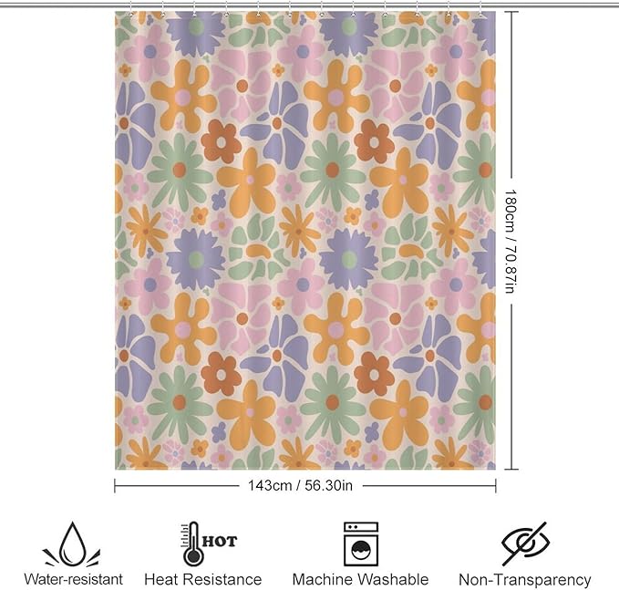Mid Century Colorful Floral Shower Curtain, Boho Abstract Vintage Retro Orange Flower Botanical Aesthetic Washable Waterproof Fabric for Bathroom Decor Bathtub with 12 Hooks 55x72in（140x183cm）