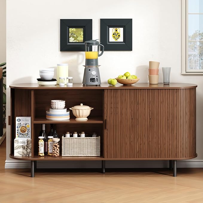 Buffet Cabinet with Storage, Fluted Sideboard Buffet with Sliding Door, Coffee Bar Cabinet with Adjustable Shelf, Console Table, Accent Table for Entryway, Kitchen (Walnut, 63 Inch)