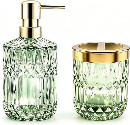 2Pcs Green Bathroom Accessories Set, Glass Bathroom Accessories, Vintage Bathroom Countertop Decoration Includes Soap Dispenser, Toothbrush Holder