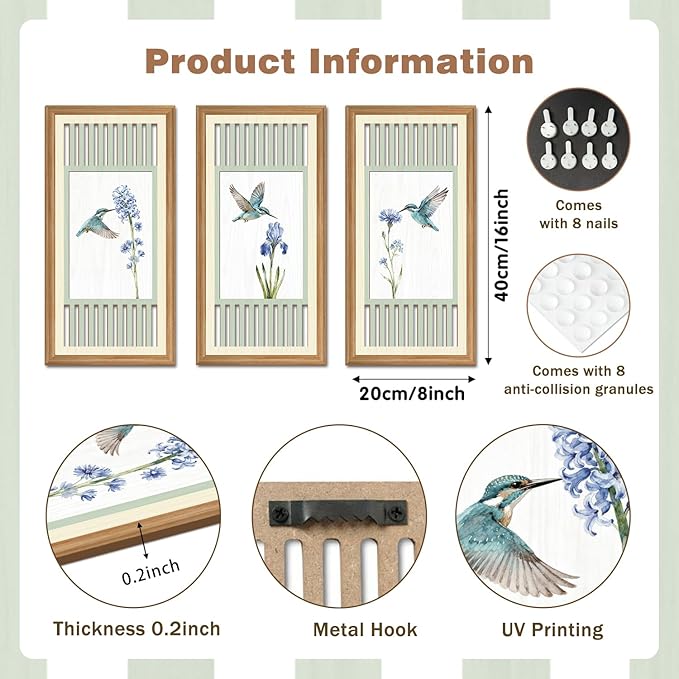 IARTTOP Vintage Floral Hummingbird Sage Green Wall Art Set of 3 Nature Floral Artwork Farmhouse Birds Wooden Wall Decor Country Cottagecore Home Decor for Living Room Bedroom 8 x16Inch Unframed