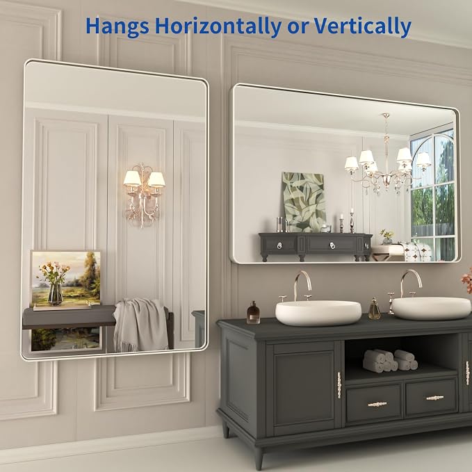 WEER 48X30 Inch Brushed Nickel Bathroom Mirror, Brushed Silver Metal Frame Mirror, Rounded Rectangle Silver Bathroom Vanity Mirror, Tempered Glass, Anti-Rust, Hangs Horizontally or Vertically