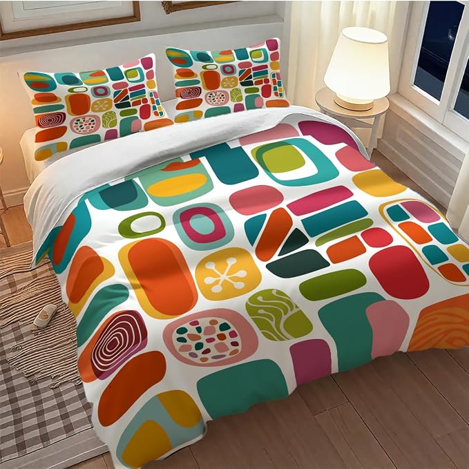 Mid Century Modern Bedding Set,Retro Geometric Colorful Diamond Abstract Geometric Vintage 60s 70s Pattern Comforter Set with Pillowcase for Bedroom Bed Decor,Queen 90"x90"