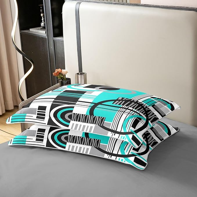 Erosebridal Art Deco Mid Century Duvet Cover Set Retro Modern Abstract Geometric 100% Cotton Comforter Cover Black and White Teal Circles Stripes Full Size Bedding Sets, Contemporary Bed Set