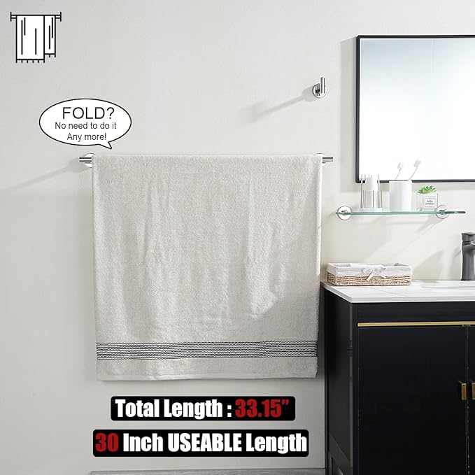 JQK Chrome Bath Towel Bar, 33 Inch 304 Stainless Steel Thicken 0.8mm Towel Rack Bathroom, Towel Holder Polished Finished Wall Mount, Useable Length 30 Inch 2 Pack, TB110L30-CH-P2