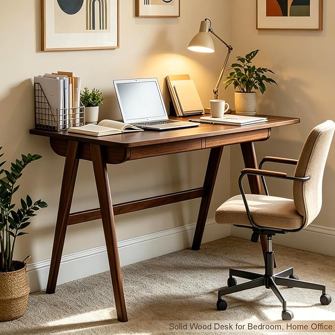 Solid Wood Desk with Drawers, Computer Desk for Home Office, Small Writing Desk for Bedroom & Small Spaces, Sturdy A-Frame, Easy Assembly (Walnut Color, 39inch)