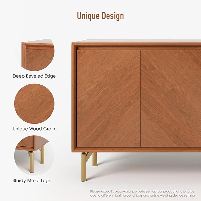 JOINICE Sideboard Cabinet with Storage, Mid-Century Modern Accent Cabinet | Chevron Pattern Credenza for living rooms, geometric door , gold-tone legs, dining room and entryway