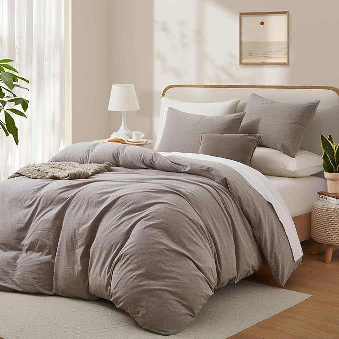 100% Cotton Duvet Cover Queen Size, Mauve Brown Linen-Like Natural Bedding Set with Zipper Closure (No Comforter), Queen Size, Duvet Cover (90"x90") x 1, Pillowsham(20"x26") x 2