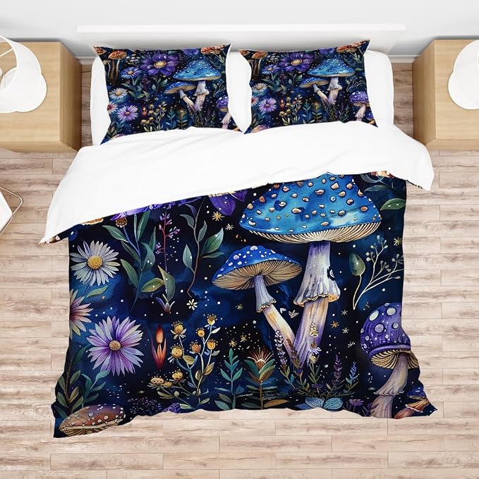 Whimsical Mushroom Duvet Covers King Size Dark Botanical Florals Bedding Set Farmhouse Boho Galaxy Moon Wildflower Botanical Plant Aesthetic Purple Mushroom Comforter Quilt Cover 104"x88"