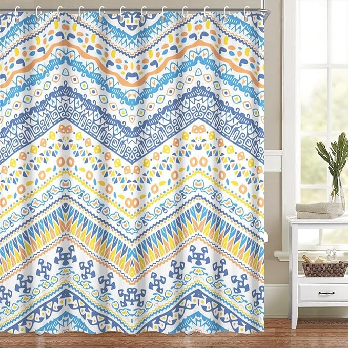 Blue Bohemian Shower Curtain for Bathroom Colorful Boho Striped Shower Curtains Modern Abstract Aesthetic Bathroom Decor Set Washable Waterproof Polyester Fabric with Hooks 54x72 Inch