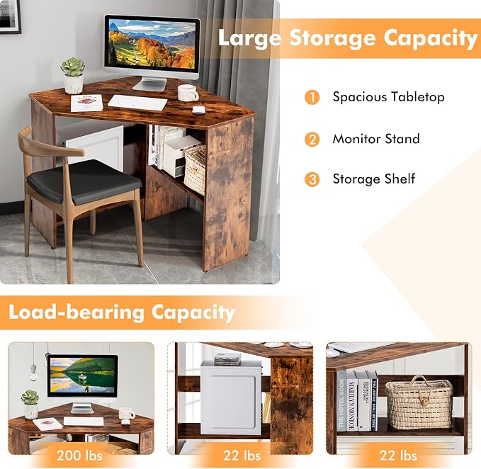 LDAILY Corner Desk, Space Saving 90 Degree Triangle Computer Desk with Storage Shelves & Cable Holes, Wood Compact Corner Writing Table for Small Spaces, Home Office, Bedroom & Living Room, Coffee