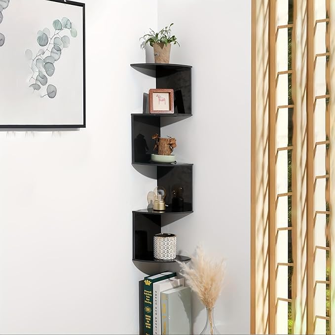 Corner Shelf Wall Mount, 5-Tier Floating Corner Bookshelf with Screw Mounting, Space-Saving Zigzag Plant Shelf for Bedroom, Living Room, Bathroom, Home Office, Black