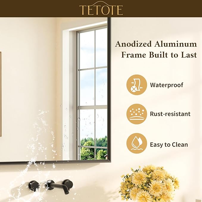 TETOTE Black Bathroom Mirror 24" x 30" Matte Black Rectangle Beveled Framed Bathroom Vanity Mirror for Over Sink, Tempered Glass, Shatterproof, Stronger Frame, Modern Farmhouse Bedroom, Entryway